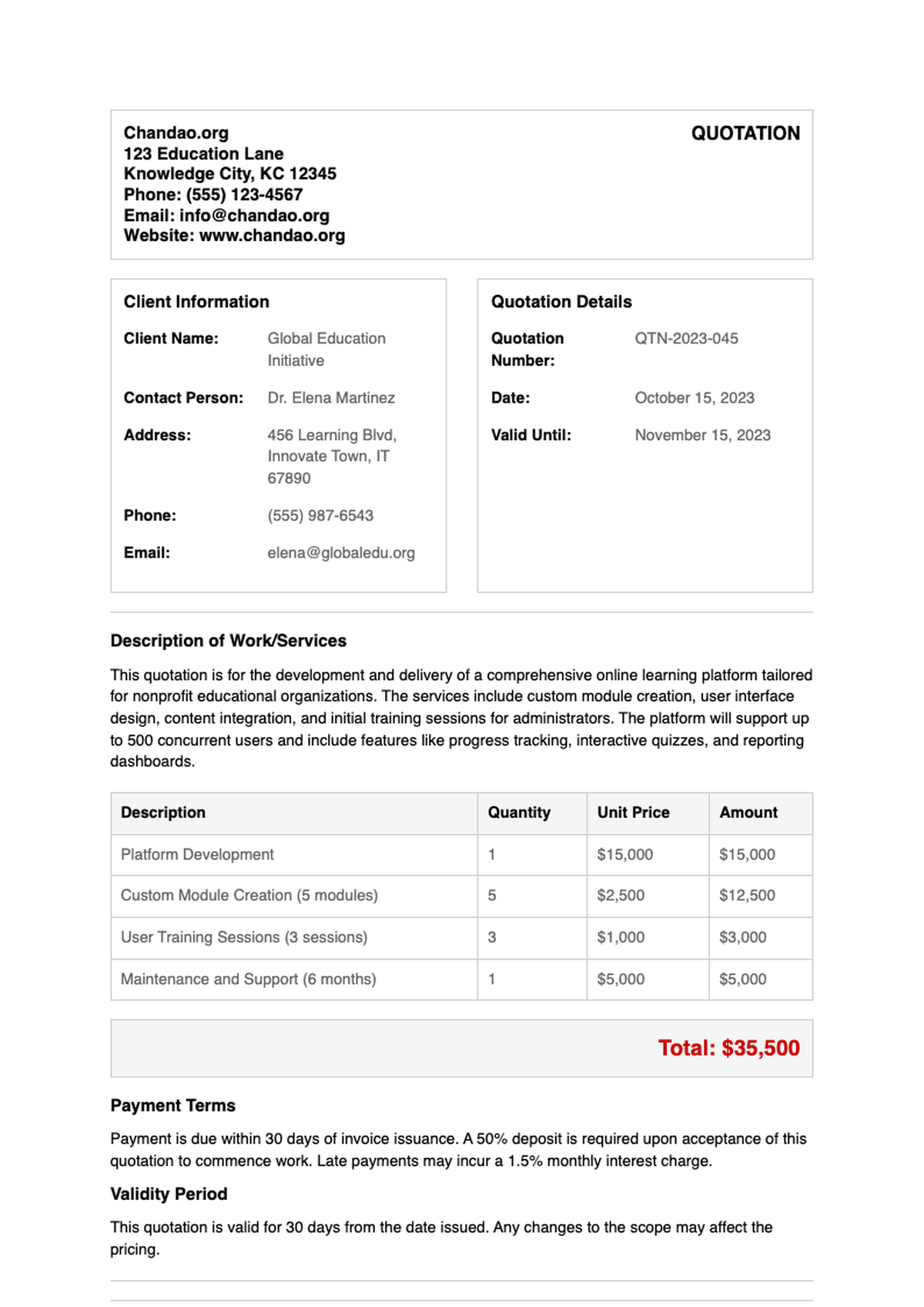 Professional quotation for Excel School Online Training per student with payment instructions and_variant_2